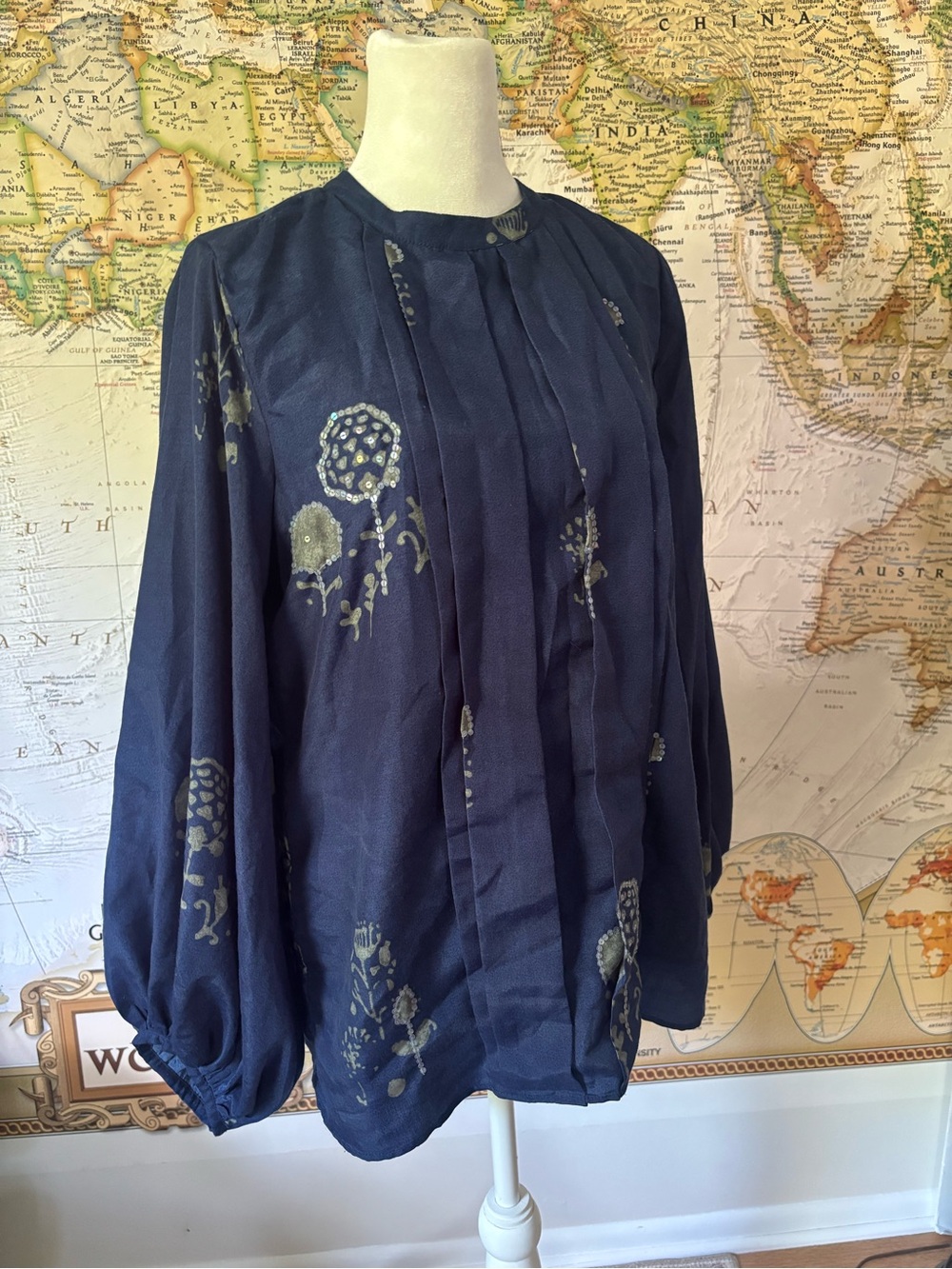 Oliphant Navy Floral Pleated Blouse